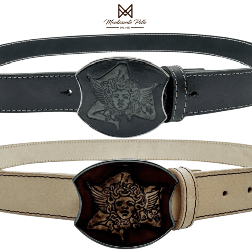Cintura Made in Sicily in cuoio da 3.5 con fibbia decorata a mano.Made in Sicily. Lunghezza massima 1.20 regolabile. Peso 300g